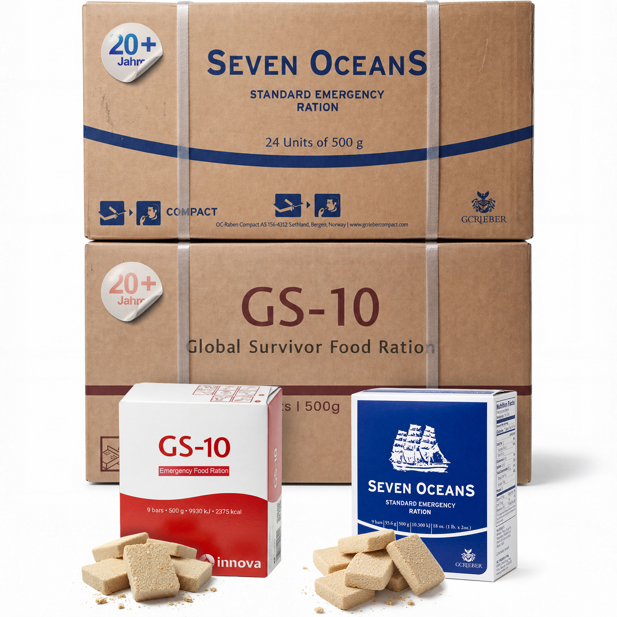 GS-10 & Seven Oceans Emergency Food Set 48x 500g | 20 Jahre haltbar | sofort verzehrfertige Notfallnahrung | Notfallvorrat