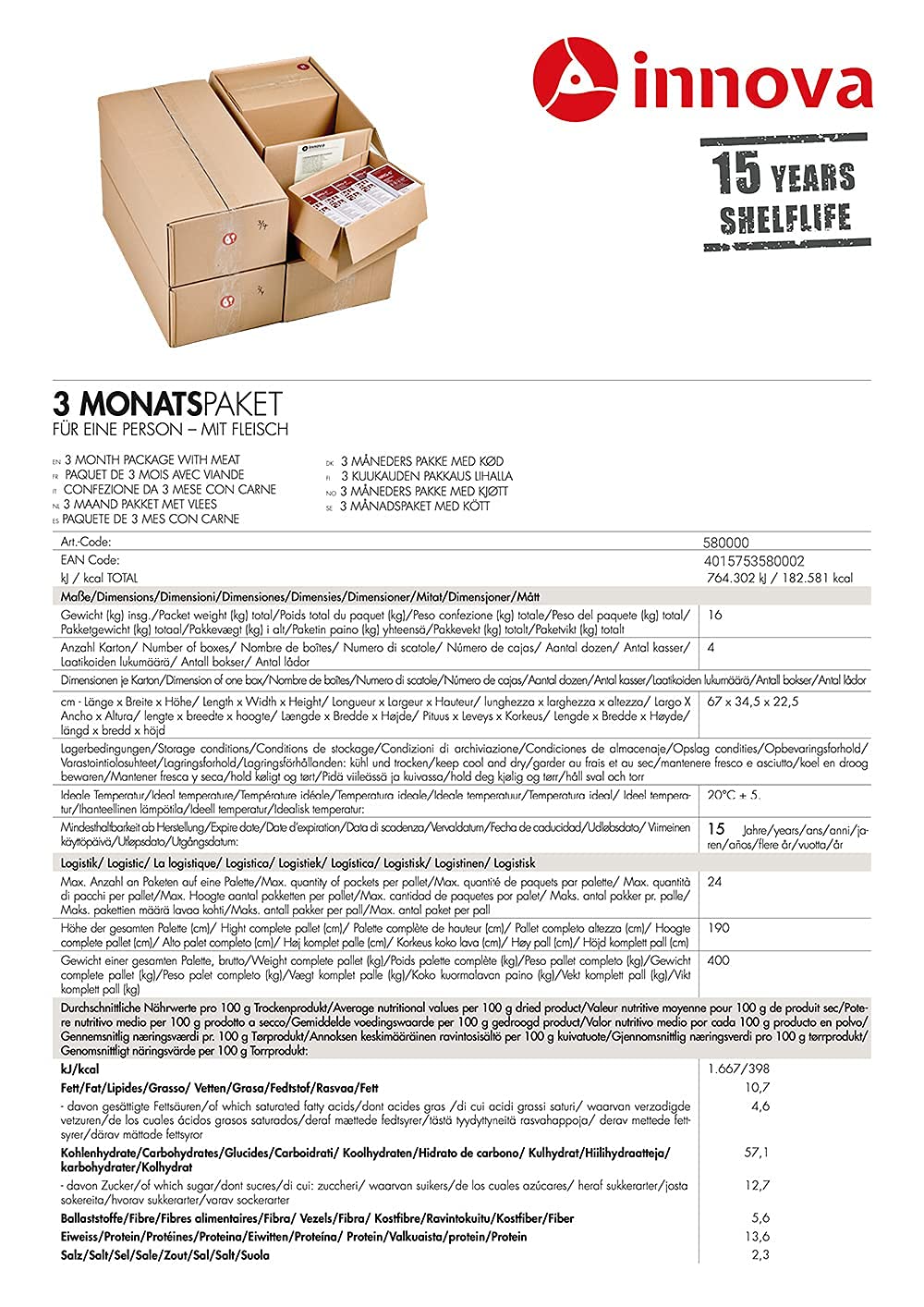 INNOVA 3 Monatspaket mit Fleisch  - Krisenvorsorge und Langzeitnahrung höchster Qualität (15 Years Shelf Life)